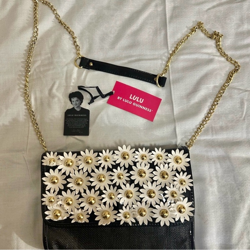 Lulu Guinness Brand Black & Gold Floral Crossbody Bag NWT
